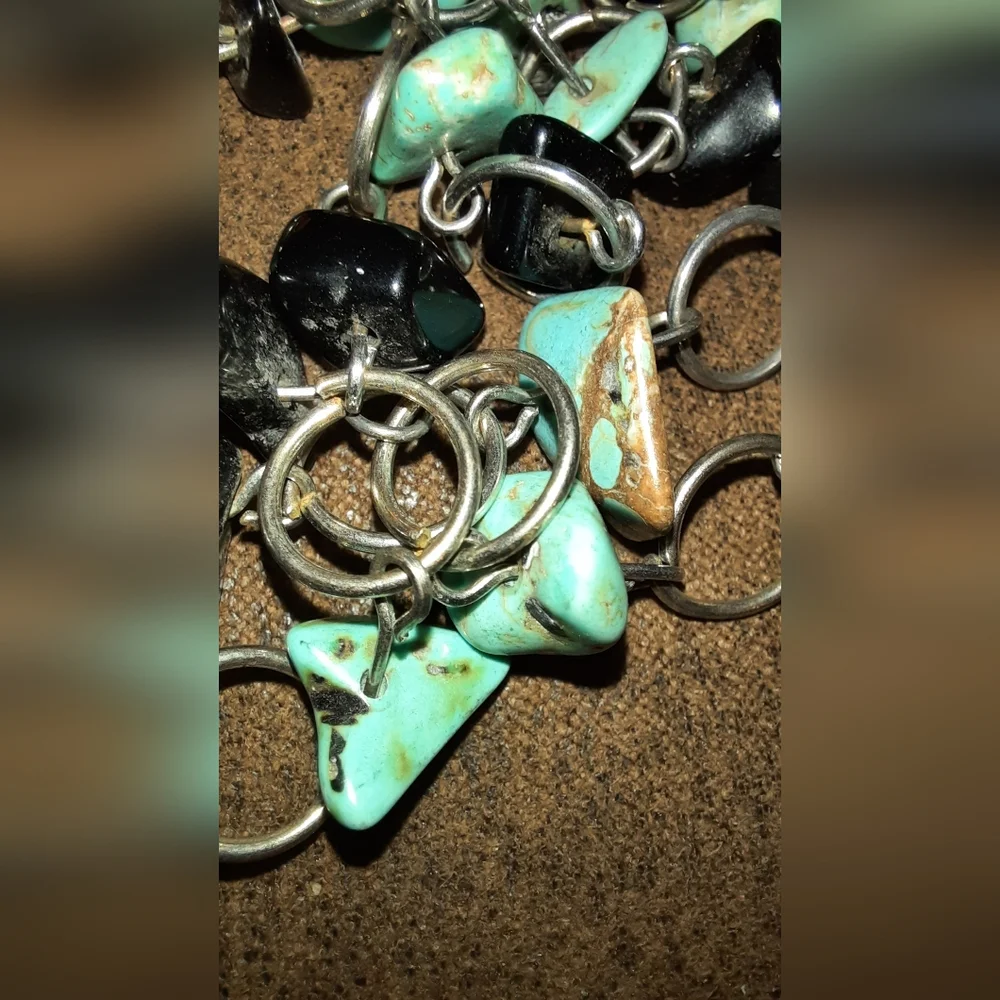 Turquoise and black genuine nugget multistrand necklace silvertone